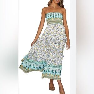 Summer Bohemian Floral Printed Strapless Beach
Party Long Maxi Dress Light Green